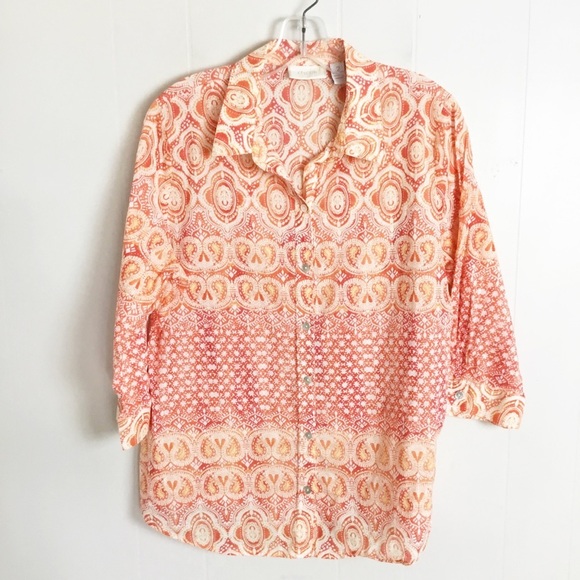 Chico’s Button Up Blouse Top Size 2/L Coral - Picture 1 of 5